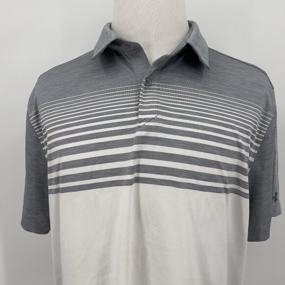 Under Armour Mens HeatGear Polo Shirt XL Extra Large Gray & White Striped - Picture 1 of 8